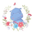 Illustration of a print for the children s room clothes cute hippo in a wreath of red, white and blue flowers.