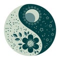 Illustration, print, yin yang symbol with moon, sun and flowers. Emerald shades. decor, textiles