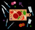 Illustration of process of cooking meat and different types of knives, top view vector illustration