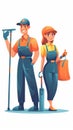 illustration of professional cleaning team in blue uniform with cleaning supplies, cleaning services