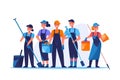 illustration of professional cleaning team in uniform with cleaning supplies on white background