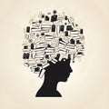 Illustration with a profile silhouette of a face with a head full of books Royalty Free Stock Photo
