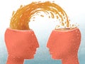 Illustration of the profile of two people with the transfer of experience and knowledge from one head to another. Metaphorical Royalty Free Stock Photo