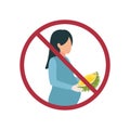 Illustration with a prohibition sign Do not eat durian pregnant. Pregnant woman with durian fruit in hands in