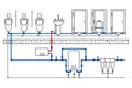 Illustration of a public toilet room with a detailed layout of the supply networks of water supply and sanitation. Monochrome