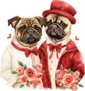 Illustration of Pugs Dressed for Wedding Celebration, couple bull dogs