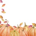 Illustration of a pumpkin with autumn leaves. Pattern for postcard and design. Pattern with orange pumpkins, a wreath of pumpkins.