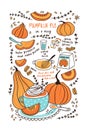  illustration. Pumpkin pie in a mug. Pumpkin recipe for thanksgiving day for tea towel design