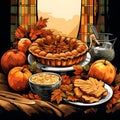 Illustration of pumpkin pie, pumpkins and leaves. Pumpkin as a dish of thanksgiving for the harvest Royalty Free Stock Photo