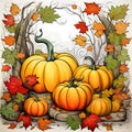 Illustration of pumpkins and autumn leaves around the vines of tree roots. Pumpkin as a dish of thanksgiving for the harvest Royalty Free Stock Photo