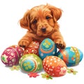 Illustration of a puppy and easter eggs isolated on transparent background.