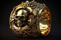 Illustration of a pure gold pirate ring on dark background. Generative AI.