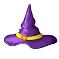 Illustration of purple cartoon Halloween witch hat with buckle isolated on white background. Symbol of witchcraft. Halloween Royalty Free Stock Photo