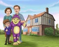 Illustration purple creature with good family in front big house Royalty Free Stock Photo