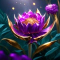 Illustration of a purple flower on a dark blue background with golden elements Generative AI Royalty Free Stock Photo