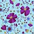 Illustration, Purple And Pink Flowers On A Blue Background, Seamless Pattern