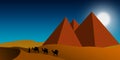 Illustration of Pyramids with camels walking in the desert