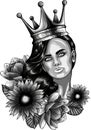 monochromatic illustration of queen head with flower