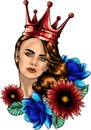 vector illustration of queen head with flower