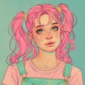 Illustration of a quirky girl with pink hair and freckles. Style of Flat shading, cyberpunk genre, pastel green colors Royalty Free Stock Photo