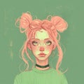 Illustration of a quirky girl with pink hair and freckles. Style of Flat shading, cyberpunk genre, pastel green colors Royalty Free Stock Photo