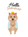 Illustration with a quokka animal in a shirt and cap and the inscription hello summer. Print animal quocca in clothes