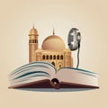 Illustration of Quran - holy book of Muslims in the mosque with microphone. Invitation people to the salat. Invitation is prayer, Royalty Free Stock Photo