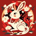 Illustration of a rabbit and cherry blossoms on a red background AI Generated