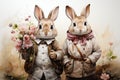 An illustration of a rabbit couple in brown and white jackets looking at the camera with pink flowers in their paws on a
