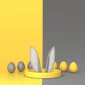 Illustration of rabbit ears with painted eggs for Easter day in a contrasting bright yellow-gray color. 3D Render