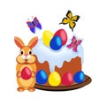 illustration of a rabbit, Easter cake with Easter eggs and butterflies hand-drawn on a white background