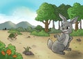 illustration of a rabbit taunting a turtle in a running race in the forest