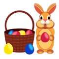 illustration of a rabbit and a wicker brown basket with Easter eggs hand-drawn on a white background