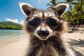 illustration of an raccon wearing sunglasses on the beach. Generative AI