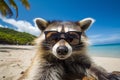 illustration of an raccon wearing sunglasses on the beach. Generative AI