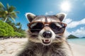 illustration of an raccon wearing sunglasses on the beach. Generative AI