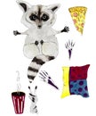 Illustration of a raccoon and different objects isolated on a white background Royalty Free Stock Photo