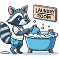 Illustration of a raccoon doing laundry