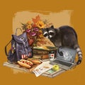 Illustration of raccoon going camping