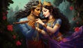 illustration of radha krishna in love with flowers forest