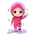 Illustration of rain. Cute Muslim children cartoon. Daily fun activity. Vector - happy female Cartoon Character