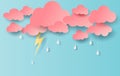 Illustration of Rain view with cloud and yellow lighting on blue sky.Rainy season in with storm lightning,paper cut and craft
