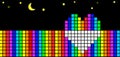 Illustration of rainbow colored pixels shaped in heart on black background with the moon and stars