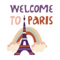 Illustration with rainbow and Eiffel tower, cut out lettering. Vector design for web, print, stickers, template, etc. Royalty Free Stock Photo