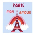 Illustration with rainbow and Eiffel tower, cut out lettering. Vector design for web, print, stickers, template, etc.