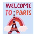 Illustration with rainbow and Eiffel tower, cut out lettering. Vector design for web, print, stickers, template, etc. Royalty Free Stock Photo