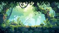 An illustration of a rainforest or a jungle landscape, a tropical garden cartoon background, a 2D game interface with