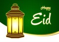 Happy Eid and Ramadan Green Greeting Card with Lantern