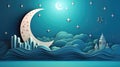 Illustration of Ramadan Kareem Background with Mosque and Moon at Night, AI Generated Royalty Free Stock Photo