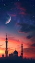 Illustration of Ramadan Kareem background with mosque and moon at night Royalty Free Stock Photo